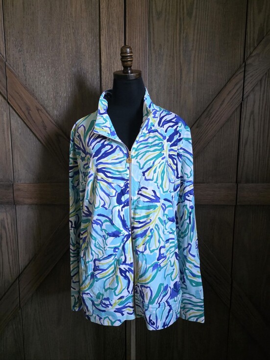 Lilly Pulitzer Tops - Lilly Pulitzer Aqua & Teal Watercolor Zip Jacket